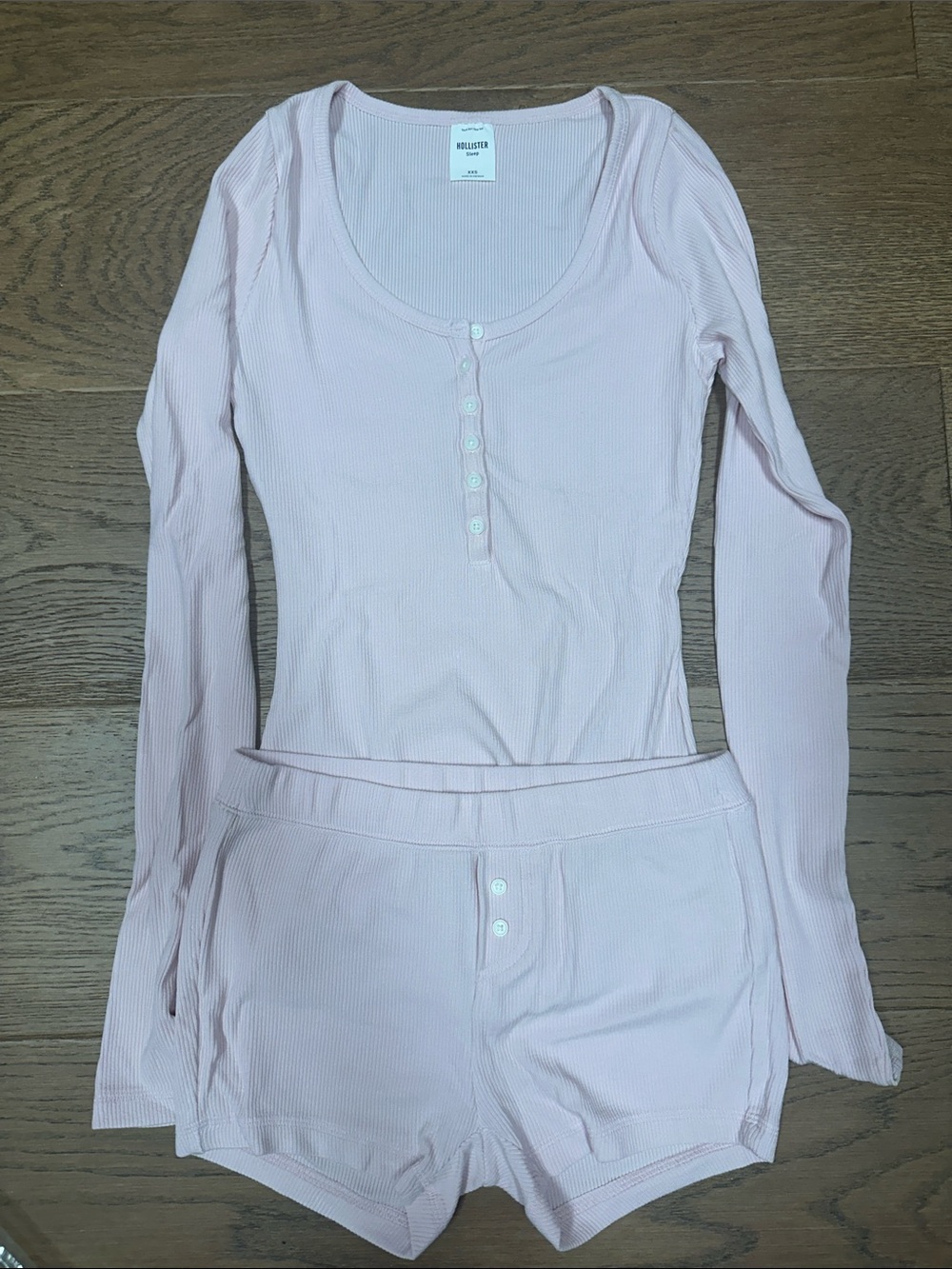 Hollister Light Pink Ribbed Long-Sleeve Henley Top & Shorts Sleep Set